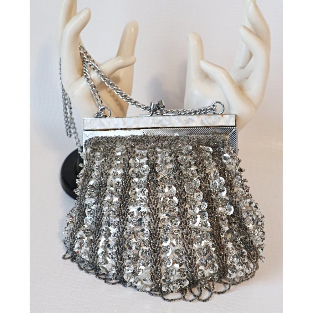 Vintage Beaded Purse Black and Grey Beads & Sequins Fringe Bag Lucite